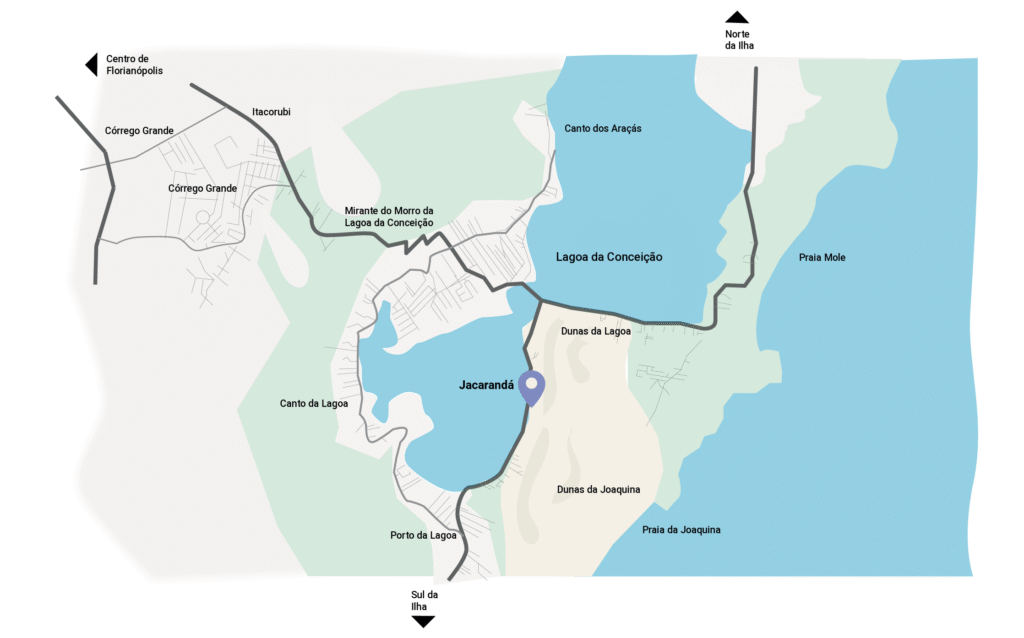 Mapa de localização do Jacarandá Lagoa da Conceição em Florianópolis, próximo aos loteamentos Jardim Saulo Ramos e Marina Philippi.