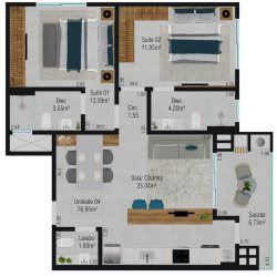 Planta 02 - 2 dorm 76,95m²