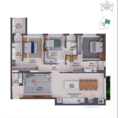 Apartamento com 109m², 3 quartos (sendo 3 suítes), 1 garagem, no bairro Pedra Branca em Palhoça