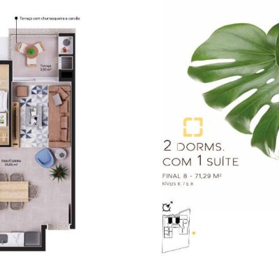 Apartamento com 71m², 2 quartos (sendo 1 suíte), 1 garagem, no bairro Cacupé em Florianópolis