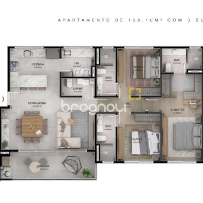 Apartamento com 128m², 3 quartos (sendo 3 suítes), 2 garagens, no bairro Cacupé em Florianópolis