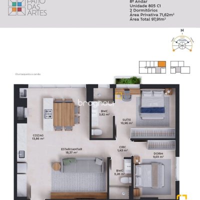 Apartamento com 71m², 2 quartos (sendo 1 suíte), 1 garagem, no bairro Pedra Branca em Palhoça