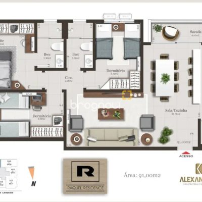 Apartamento com 91m², 3 quartos (sendo 1 suíte), 1 garagem, no bairro Pedra Branca em Palhoça