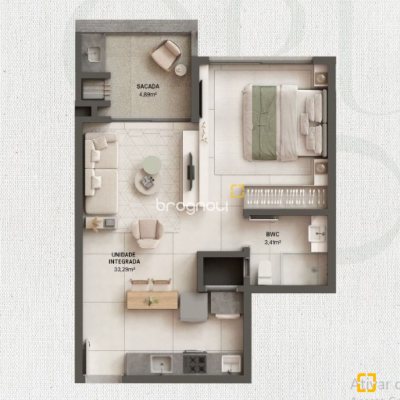 Apartamento com 49m², 1 quarto, 1 garagem, no bairro Cachoeira do Bom Jesus em Florianópolis