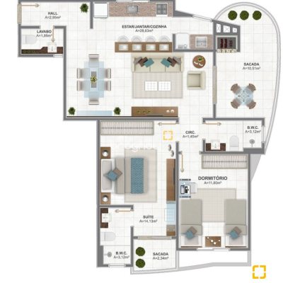 Apartamento com 92m², 2 quartos (sendo 1 suíte), 2 garagens, no bairro Barreiros em São José