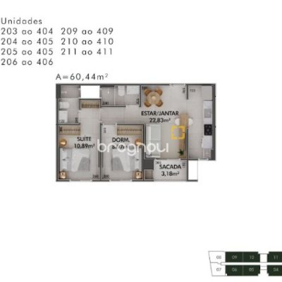 Apartamento com 60m², 2 quartos (sendo 1 suíte), 1 garagem, no bairro Cacupé em Florianópolis
