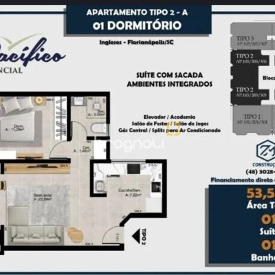 Apartamento com 53m², 1 quarto, 1 garagem, no bairro Ingleses em Florianópolis