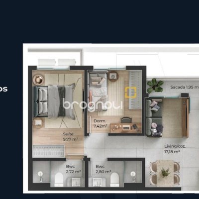 Apartamento com 52m², 2 quartos (sendo 1 suíte), 1 garagem, no bairro Barreiros em São José