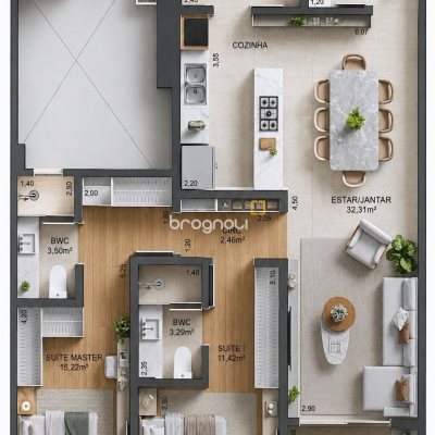 Apartamento com 91m², 2 quartos (sendo 2 suítes), 2 garagens, no bairro Campinas em São José