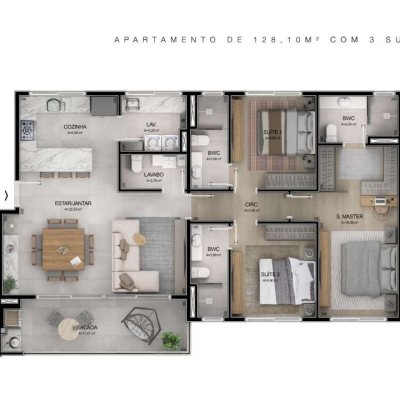 Apartamentos com 128m², 3 quartos, 3 suítes, 2 garagens, no bairro Cacupé em Florianópolis