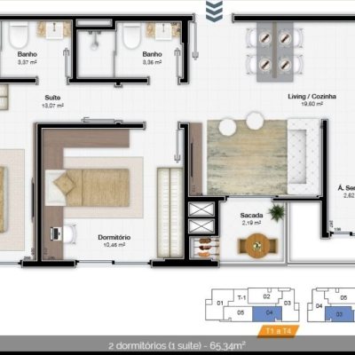 Apartamentos com 65m², 2 quartos, 1 suíte, 1 garagem, no bairro Itacorubi em Florianópolis