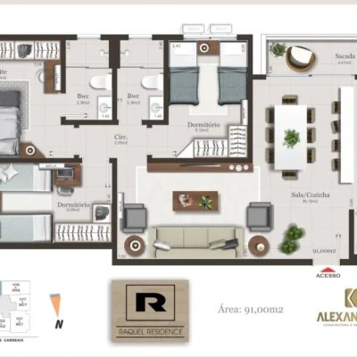 Apartamentos com 91m², 3 quartos, 1 suíte, 1 garagem, no bairro Pedra Branca em Palhoça