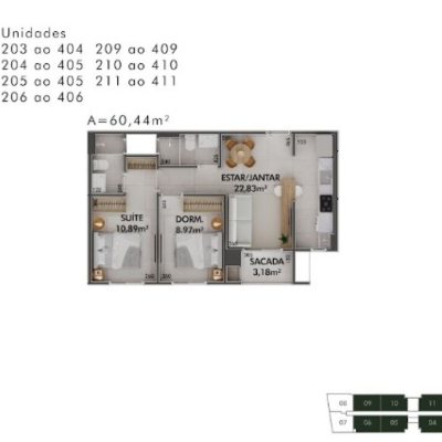 Apartamentos com 60m², 2 quartos (sendo 1 suíte), 1 garagem, no bairro Cacupé em Florianópolis