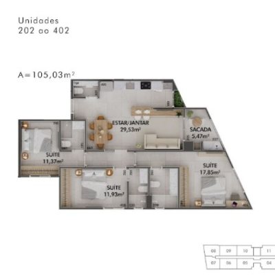 Apartamentos com 105m², 3 quartos (sendo 3 suítes), 1 garagem, no bairro Cacupé em Florianópolis
